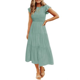 ZESICA Women's 2025 Summer Casual Flutter Short Sleeve Crew Neck Smocked Elastic Waist Tiered Midi Dress,Sage,X-Large
