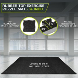 ProsourceFit Rubber Top Exercise Puzzle Mat 3/4-inch, 48 SQFT, 12 Tiles, EVA Foam Interlocking Tiles for Home Gym Protective Flooring for Equipment and Workouts, Grey