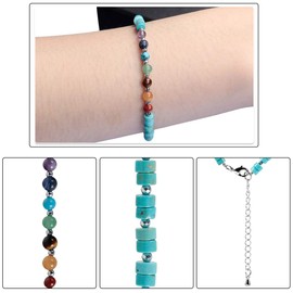 mookaitedecor 7 Chakra Healing Crystal Stone Bracelet for Women Men, Colourful Blue Howlite Turquoise Flat Beads Bracelet Semi Precious Gemstone Stone Jewellery Adjustable Yoga Reiki Link Bangle