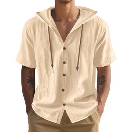 QOSOQ Men's Cotton Linen Shirts Short Sleeve Casual Sweatshirts Button Down Summer Beach Shirts with Hoodies (US, Alpha, Medium, Regular, Regular, Beige)