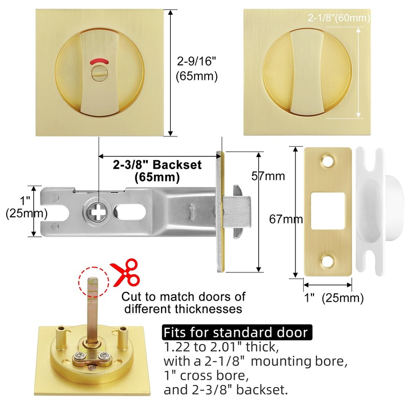 Malimali Pocket Door Lock, Brushed Gold Pocket Door Hardware Square
