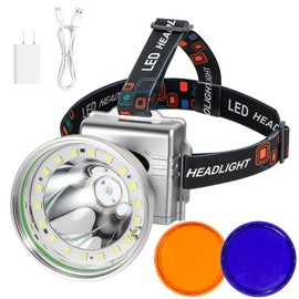 Rechargeable LED Headlamp with Flood and Spot Beam, Power Display, 5 Lighting Modes, Yellow/Blue Filter Lens, High Lumen Outdoor Waterproof Head Torch for Fishing, Hunting, Hiking, Outdoor