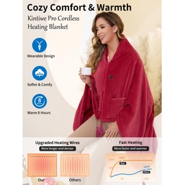 Christmas Heated Blanket Throw Battery Operated, Portable Electric Heated Poncho Shawl with Zipper and Pockets, 4 Heating Areas & 3 Heating Modes,Heating Blanket for neck and Shoulders and Back,Red