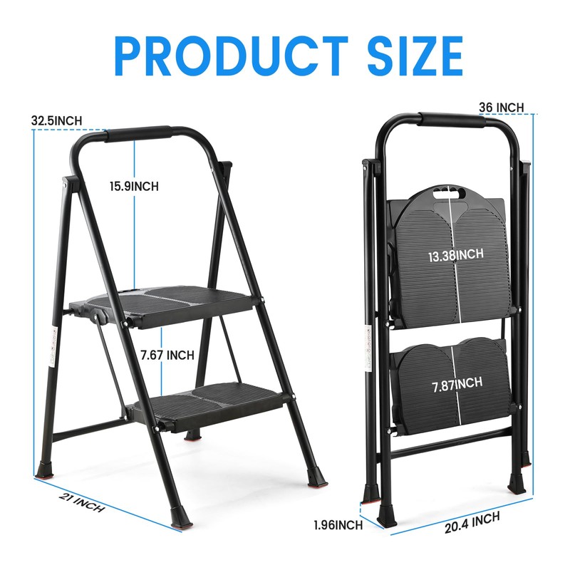 600lbs 2 Step Ladder,Folding Step Stool with Wide Anti-Slip Pedal,