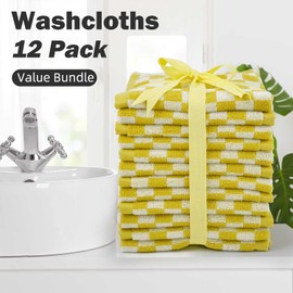 Quick Drying Washcloths - Pack of 12, 13x13 Inches, 100% Cotton Wash Cloths for Showering Spa Kitchen, Yellow Checkered Face Cloths