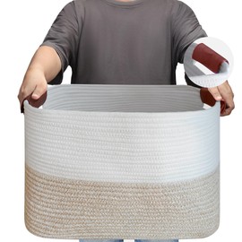 Large Cotton Rope Storage Basket with Handles, Laundry Hamper Basket, 20 "L x 14" W x 12 "H, Blanket Basket,Toy Storage Basket，Extra large storage basket(Large Light Khaki)