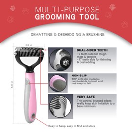 Double-Sided Undercoat Rake for Deshedding & Dematting Pets - Gentle Grooming Glove Kit for Dogs & Cats (Pink, 2 Pack)