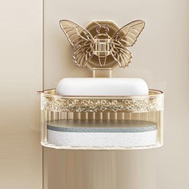 CHEOTIME Soap Dish Soap Holder for Shower Vacuum Suction Double Layer Wall Mounted No Drilling Self Draining Removable Strong Suction Bar Soap Sponge Holder (Golden)