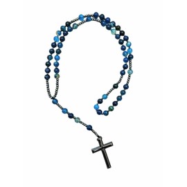 Catholic Rosary Beads Necklace, Hematite Cross Pendant with Blue Beads and Hematite Stone, Prayer Beads, Gift Boxed