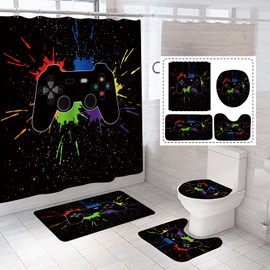 NORBEY NORBEY 4 Pcs Game Shower Curtain Set, Classic Videogames Controller Bath Curtain with Anti-Slip Mat Toilet Cover Carpet Set and 12 Hooks, Black Splash Ink Colorful Bathroom Decor Set 72 x 72 Inch