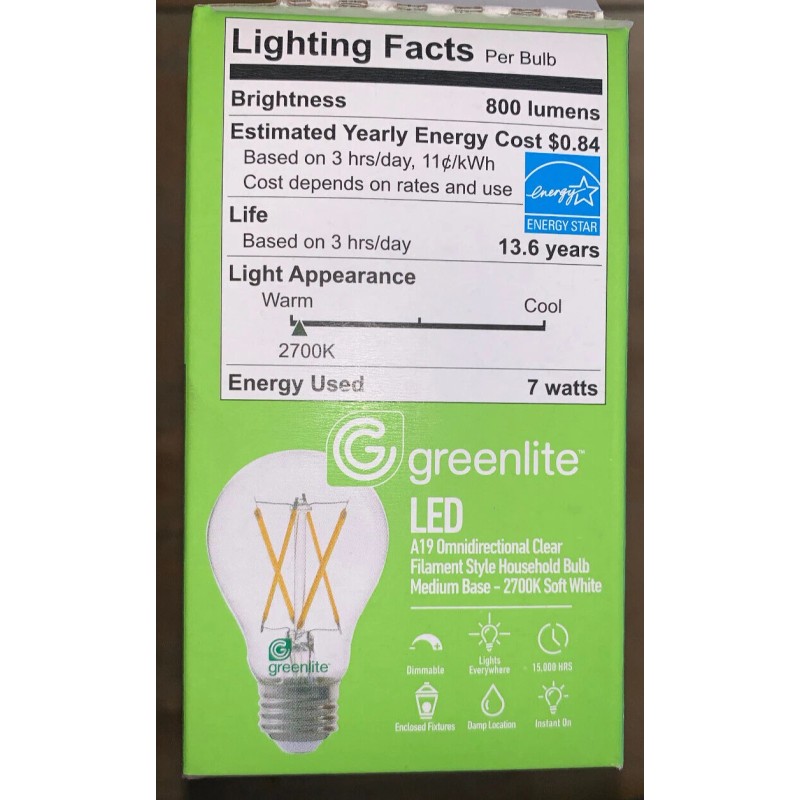 Greenlite Lot of 4 Greenlite DIMMABLE FILAMENT Led 7W (60W