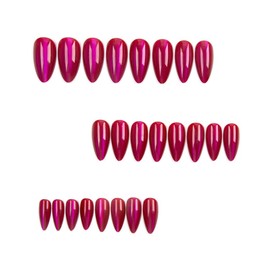 MouyouGlow Press on Nails Long, Almond Cat Eye Rose Red Magnetic Fake Nails with Nail Glue, Rose Red Phototherapy Artificial Fingernails