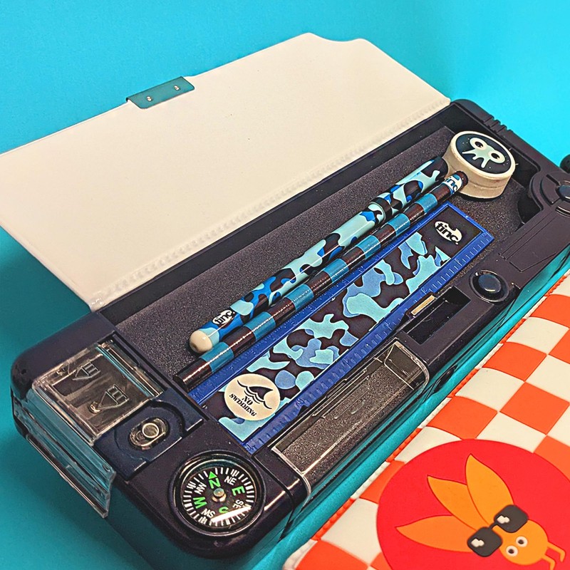 Tinc Pop-Out Compartment School Pencil Case - Blue - Includes