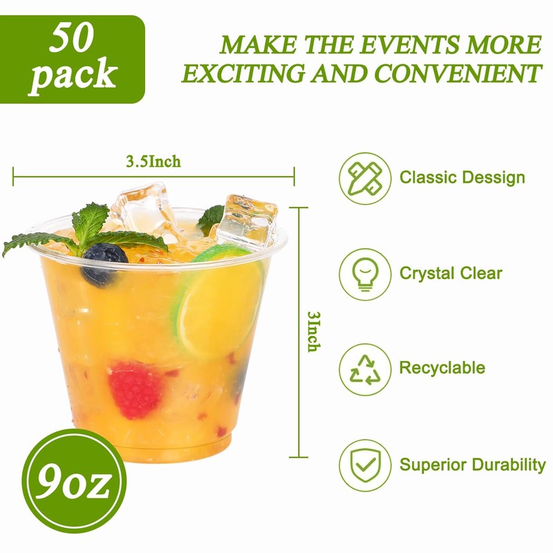 9 oz Clear Plastic Cups, 50 Pack Disposable Crystal Punch