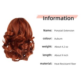 HEWEICSY Ponytail Extension, Clip on Ponytails for Women, 9" Claw Clip in Short Curly Wavy Pony Hair Extension for Women - Auburn