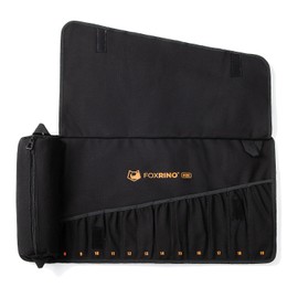 Foxrino Wrench Roll, Wrench Roll Up Pouch, 12-Pocket Heavy Duty Canvas Wrench Organizer Bag for Metric Combination Wrenches, Portable Tool Roll Bag, Gifts for Men for Christmas (Black, 12+1 Metric)