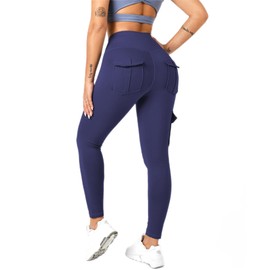 Women's Cargo Yoga Leggings with 4 Pockets High Waisted Tummy Control Stretch Workout Pants Gym Tights Navy
