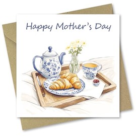 Mother's Day Card for Mum. Breakfast in Bed Design. Mothers Day Card with matching Envelope. Size 150x150mm when folded.