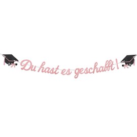 Glitter 2025 Graduation Decorative Garland, Du hast es geschafft Graduation Decorative Banner, Bachelor Hat Hanging Decoration for Graduation, Bachelor and Master Graduation Party Decoration (Rose