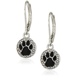 Pet Friends Silvertone/Crystal/Jet Paw Drop Earrings, Silver