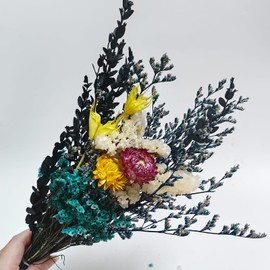 L'BREVOGA Dried Flower Bouquet - Caspia,Rose, Billy Ball, Gypsophila - 15 Inches, Unique Design (Blue)