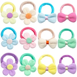 VARMDUKKE 12PCS Cute Flower Hair Ties, Elastic Hair Bands, Bow Hair Scrunchies for Women, Colorful Ponytail Holders Hair Accessories for Thick Thin Curly Hair
