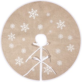 Tatuo Hessian Christmas Tree Skirt, White Snowflake Print, Tree Skirt Base Cover For Christmas Holiday Decoration