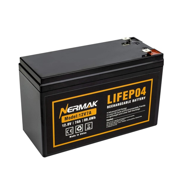 NERMAK 12V 7Ah (7.2Ah) Lithium LiFePO4 Deep Cycle Battery, 2000+ Cycles Lithium Iron Phosphate Rechargeable Battery for Small UPS, Lighting, Power Wheels, Fish Finder and More, Built-in 8A BMS