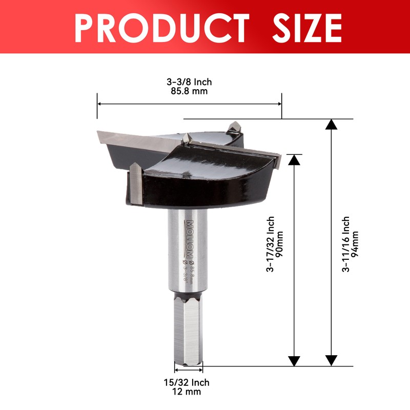 Mollom 3-3/8" (85.8mm) Forstner Drill Bit for Precise Woodworking with