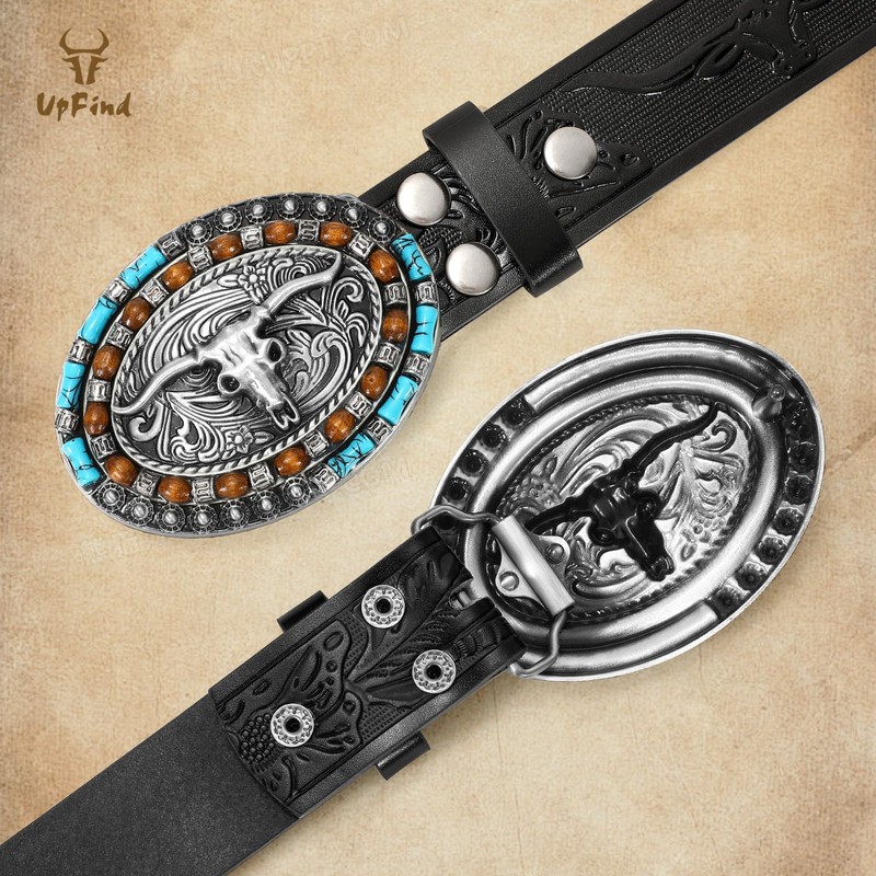UpFind Western Genuine Leather Belt Cowboy Belt with Turquoise Oval