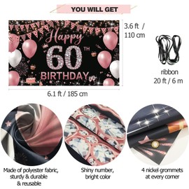 ACEmedia 60th Birthday Decorations Backdrop Banner for Women, Happy 60th Birthday Decoration Women, Rose Gold 60 Year Old Birthday Party Backdrop, 60th Birthday Themes Photo Props Fabric