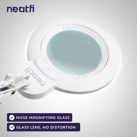 Neatfi XL Bifocal LED Magnifying Lamp, 7-Inch Lens, 5D/20D Magnification, Hands-Free, Dimmable, 84 SMD LED, Adjustable Arm for Crafts, Reading, Close Work (White, Glass Lens with Clamp)