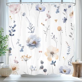 Omifly Watercolor Floral Shower Curtain,Spring Blue Beige Flower Print Bathroom Curtain,Boho Shower Curtains for Bathroom,Waterproof Fabric Washable Shower Curtain Set with 12 Plastic Hooks, 72x72