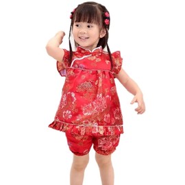 SZCQ Little Girl Chinese Qipao Dress Suit Traditional Cheongsam Top + Pant Baby Girls New Year Costumes Peony Red L