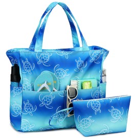 LOIDOU Large Beach Bag with Zip Waterproof Sandproof Swimming Pool Bag Shoulder Bag Shopping Bag with Zip Travel Bag Family Beach Tote, sea turtle.