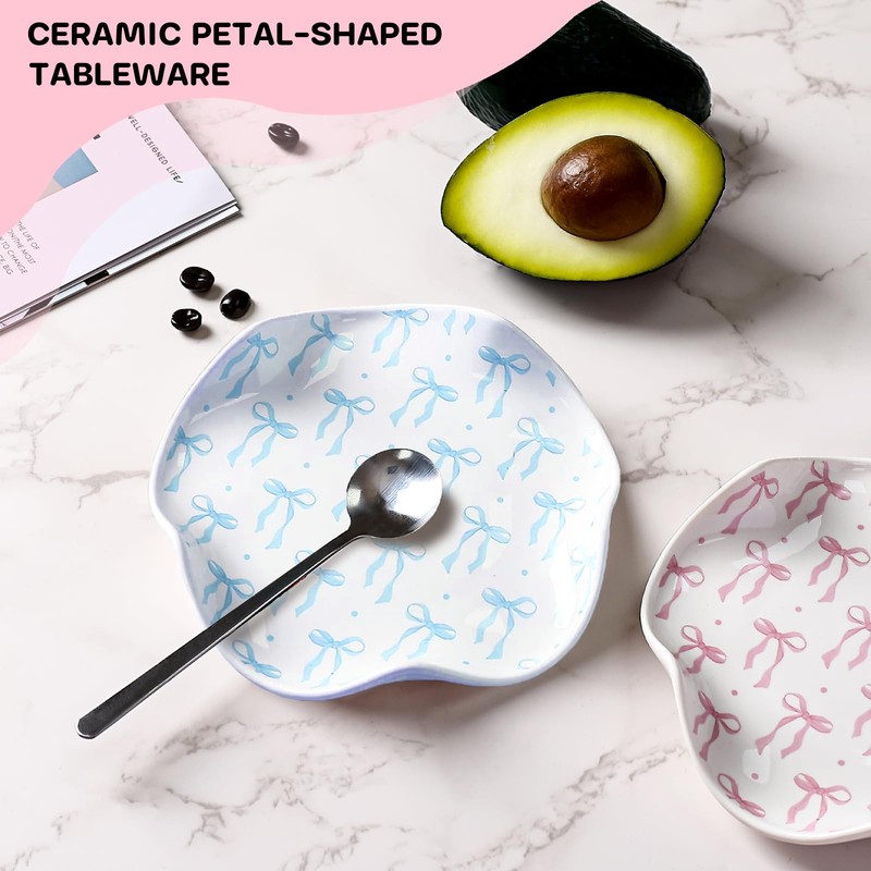WEIMU 2pcs Ceramic Bow Spoon Rest Pink and Blue Cooking