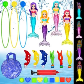 YOUYIKE 24 Stück Tauchspielzeug für Kinder, Unterwasser Tauchspielzeug Set, Tauchringe für Kinder, Nacht Leuchtende Meerjungfrau mit Meerestieren und Edelstein, für Jungen Mädchen ab 5-12 Jahren