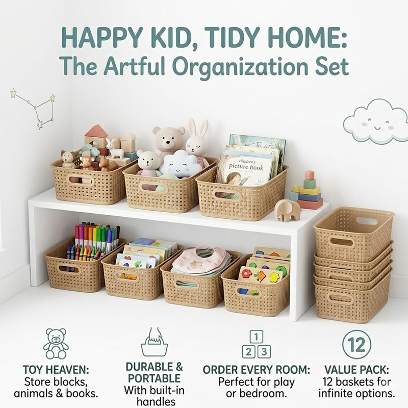 Khaki Stackable Storage Baskets, Plastic Weave Basket Organizer and Storage
