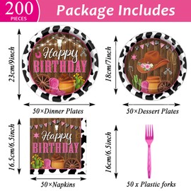 gisgfim 200Pcs Cowgirl Birthday Plates Party Decorations Western Cowgirl Plates and Napkins Party Supplies Pink Cow Western Plates Girl Rodeo Tableware Set Disposable Forks Kids Table Decor Serves 50