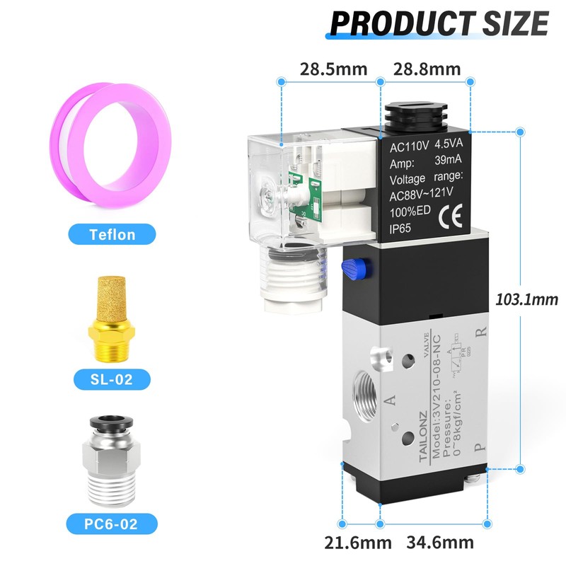 TAILONZ PNEUMATIC 1/4 Inch BSP Solenoid Valve 3V210-08 AC110V Single