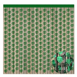 OQOQ Hawaiian Decorations Tinsel Foil Fringe Curtains (4 Pcs) - 3.2x6.6 Ft Dark Gold and Green Tropical Leaves Tinsel Curtains for Summer Jungle Aloha Luau Party Decor Photo Booth Prop Backdrop