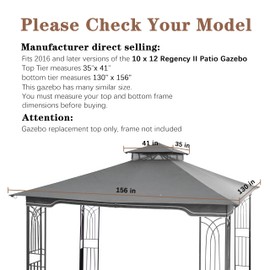 SCOCANOPY Replacement Gazebo Canopy for 10 x 12 Regency II Patio Gazebo Model L-GZ798PST,A101004104,A101004105,(Grey)
