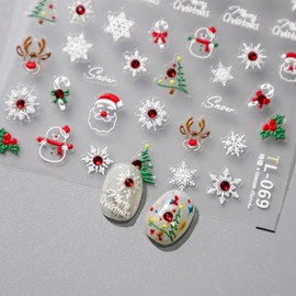 JMEOWIO 3D Embossed Christmas Snowman Snowflake Cute Nail Art Stickers Decals Self-Adhesive 5D Nail Supplies Nail Art Design Decoration Accessories 1 Sheets