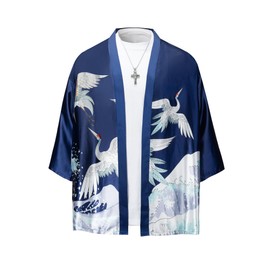 VOGMATE Men's Kimono Robe Silky Lightweight Jackets Japanese Cardigan Shirts Top Open Front Seven Sleeve Coat Red-crowned Crane Navy XL