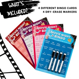 XOXO Parents Movie Night Bingo Cards – Fun Game for Adults & Kids | 4 Reusable Bingo Cards with Dry Erase Markers | Gifts for Movie Lovers, Family Game Night Ideas, Raffle & Fundraiser