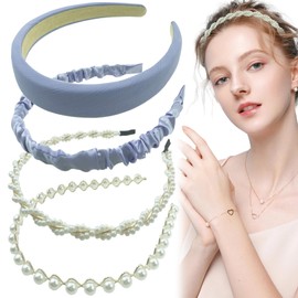 Thinslimer 4PCS Fashion Headband Blue Set,Wide Satin and White Non Slip Pearl Headband,Cute Vintage Women's Wedding Hair Accessories
