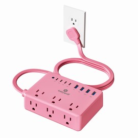 Kakyanill Pink Power Strip, 6 AC Outlets 8 USB Ports(4 USB C) with 2000J Surge Protector, 5ft Flat Plug Pink Extension Cord, Compact for Desk Home, Office, Dorm