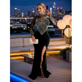 Owzwz Mermaid Prom Dress Sequin Evening Gowns for Women Formal,Galas,Weddings, Elegant Classy Dresses with Rhinestone Bodice,Sheer Long Sleeves,Side Slit(Black,L,6825)