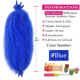 Afro Twist Hair 30 Inch 2 Packs, Springy Afro Twist Hair Pre Fluffed Spring Twist Hair Pre Separated Wrapping Hair for Soft Locs Hair Extensions (30 Inch (Pack of 2), Blue#)