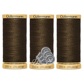 Gutermann Natural Cotton Thread 50wt (274yd/250m Each) 3-Pack Bundle with 3 Bella's Crafts Needle Threaders (2960 Dark Brown)